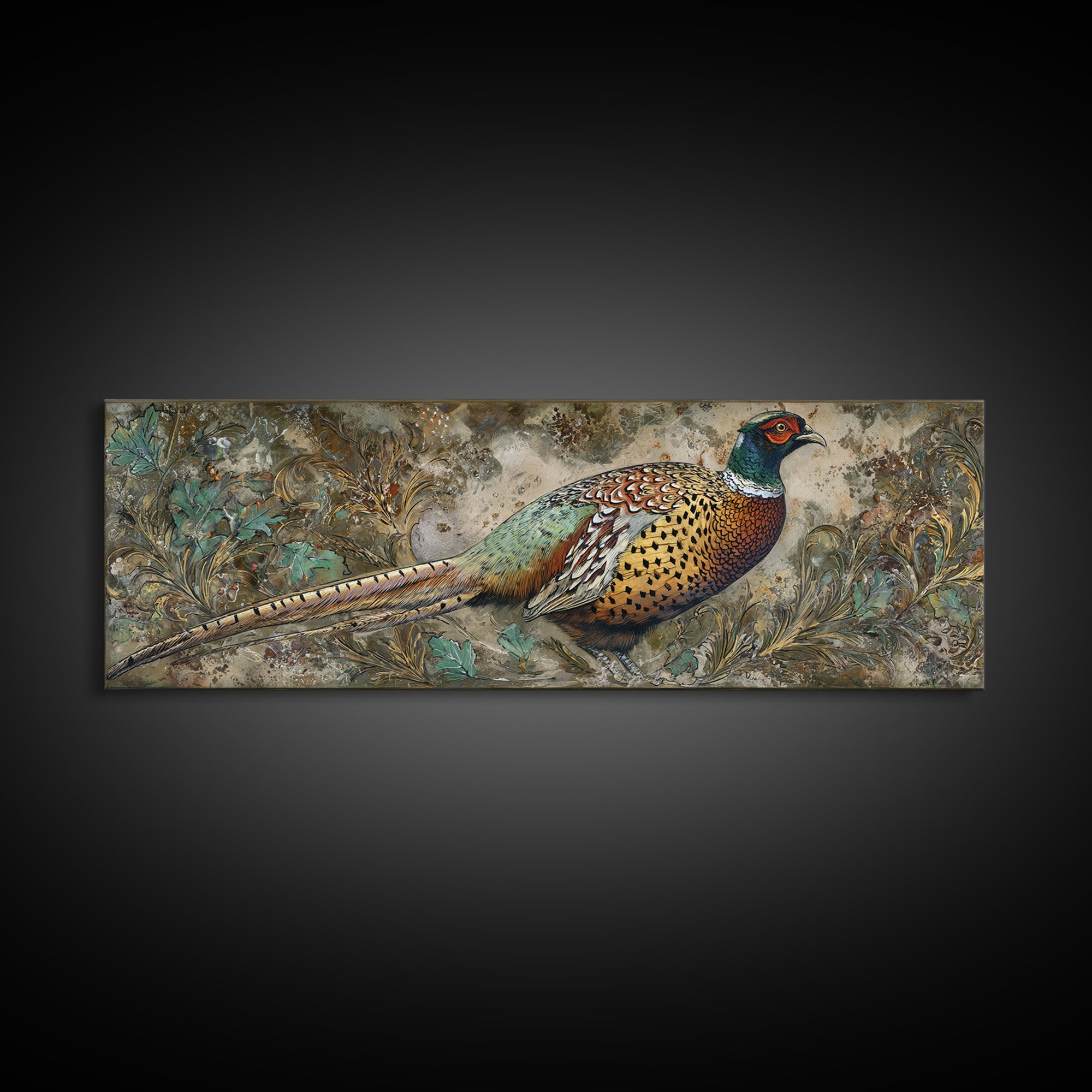 Pheasant with Ornate Feather Details Framed Canvas Print, Bird Art, Wall Art, Living Room Decor, Flight, Japanese Wall Art, BIR-3x1-59