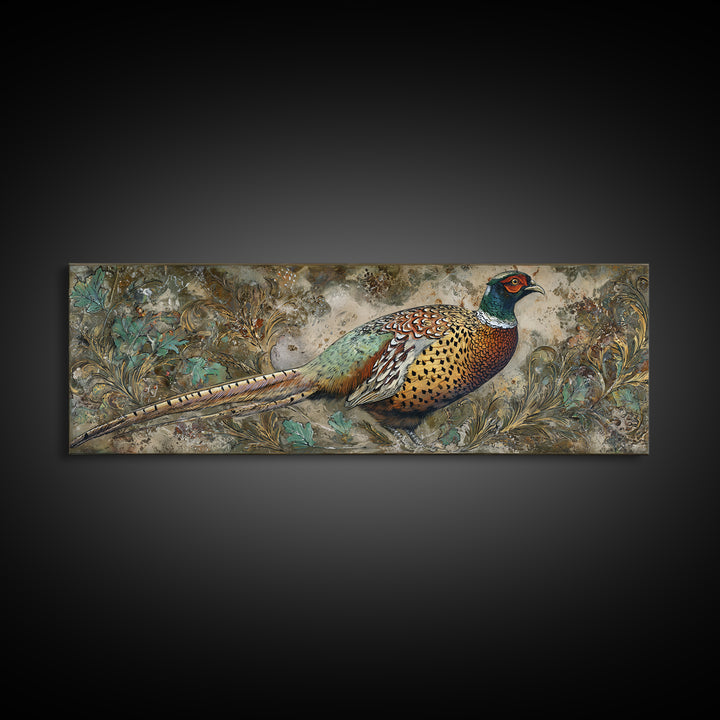 Pheasant with Ornate Feather Details Framed Canvas Print, Bird Art, Wall Art, Living Room Decor, Flight, Japanese Wall Art, BIR-3x1-59
