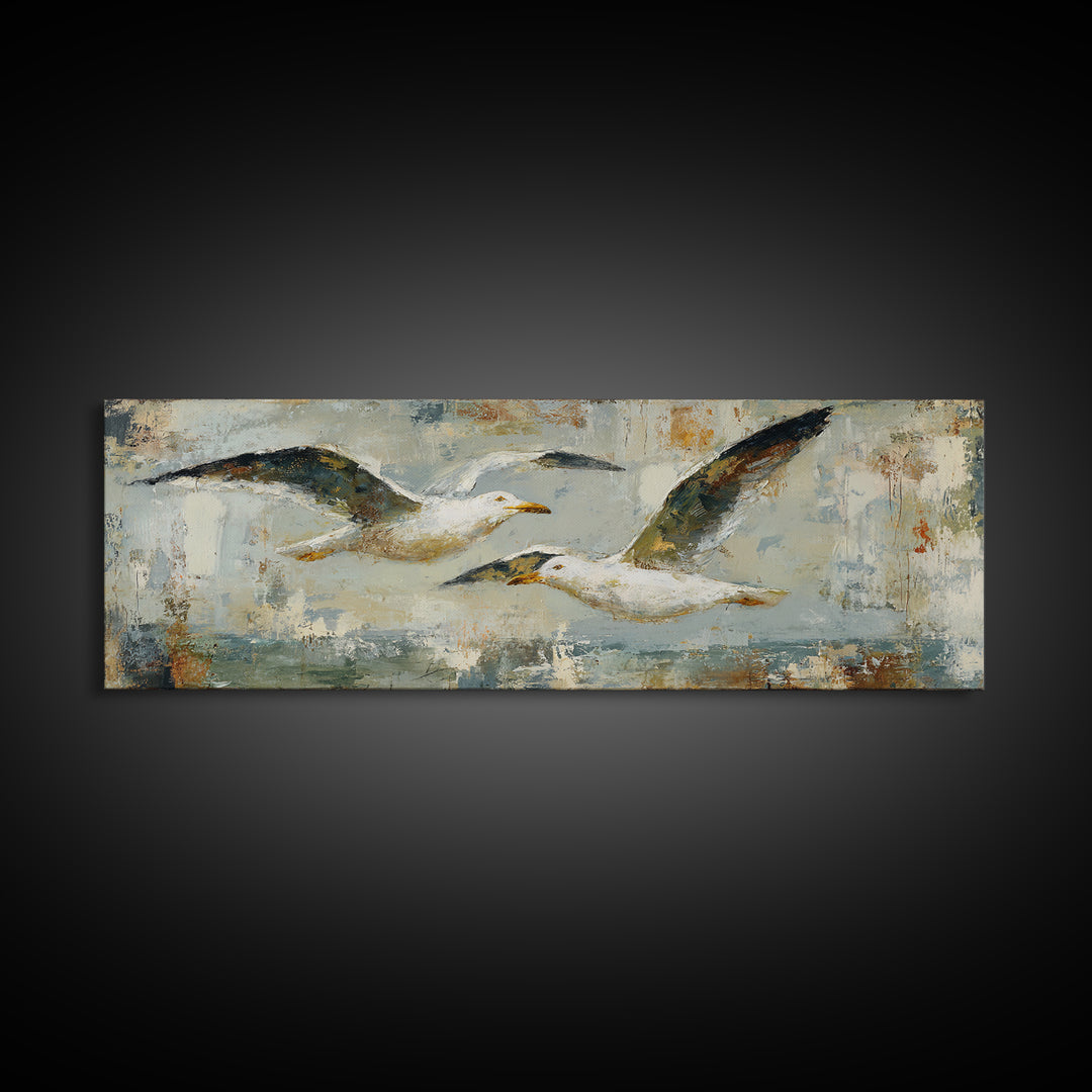 Seagulls Above a Pale Beach Horizon Framed Canvas Print, Bird Art, Boho Decor, Living Room Decor, Oil Painting, Flight, BIR-3x1-60