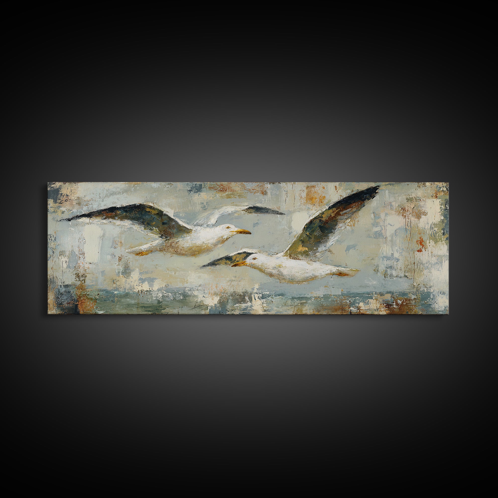 Seagulls Above a Pale Beach Horizon Framed Canvas Print, Bird Art, Boho Decor, Living Room Decor, Oil Painting, Flight, BIR-3x1-60