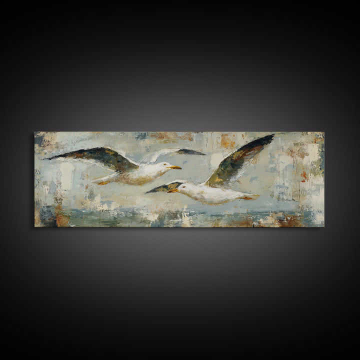 Seagulls Above a Pale Beach Horizon Framed Canvas Print, Bird Art, Boho Decor, Living Room Decor, Oil Painting, Flight, BIR-3x1-60