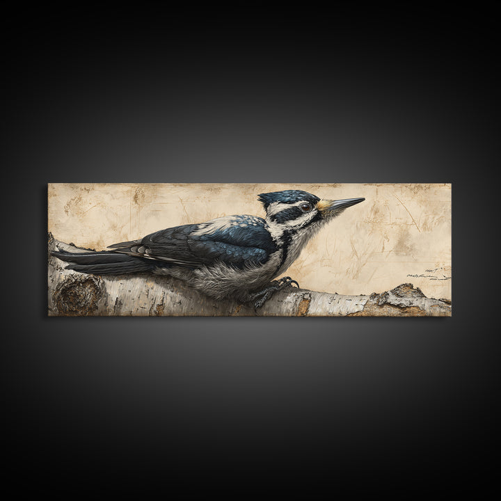Woodpecker on Birch Bark Texture Canvas Print, Bird Art, Digital Download Art, Living Room Decor, Oil Painting, Flight, BIR-3x1-61