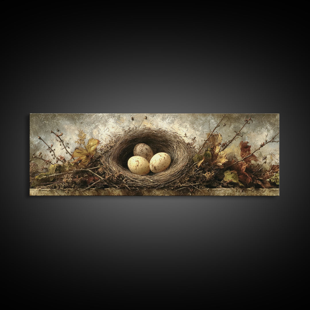 Bird Nest with Eggs and Delicate Twigs Canvas Print, Bird Art, Gallery Decor, Living Room Decor, Oil Painting, Flight, BIR-3x1-62