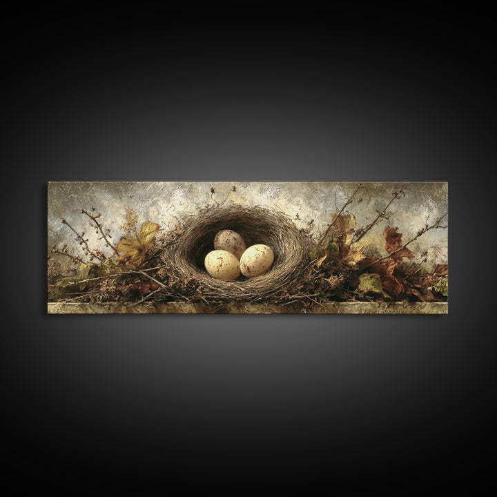 Bird Nest with Eggs and Delicate Twigs Canvas Print, Bird Art, Gallery Decor, Living Room Decor, Oil Painting, Flight, BIR-3x1-62
