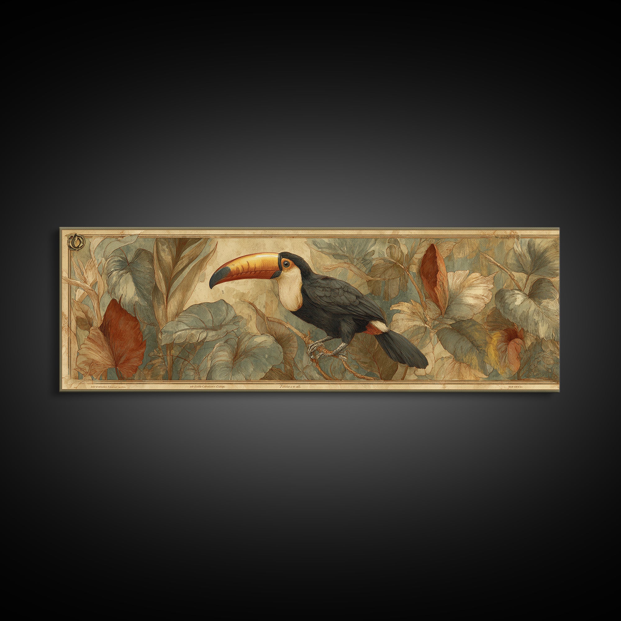Toucan Framed by Bold Jungle Foliage Framed Canvas Print, Bird Art, Room Decor, Living Room Decor, Fine Art, Flight, BIR-3x1-63