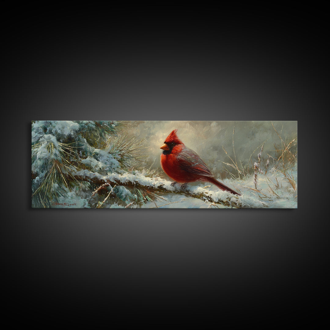 Red Cardinal on Snowy Pine Branch Canvas Print, Bird Art, Nature Prints, Living Room Decor, Fine Art, Flight, Boho Decor, BIR-3x1-65