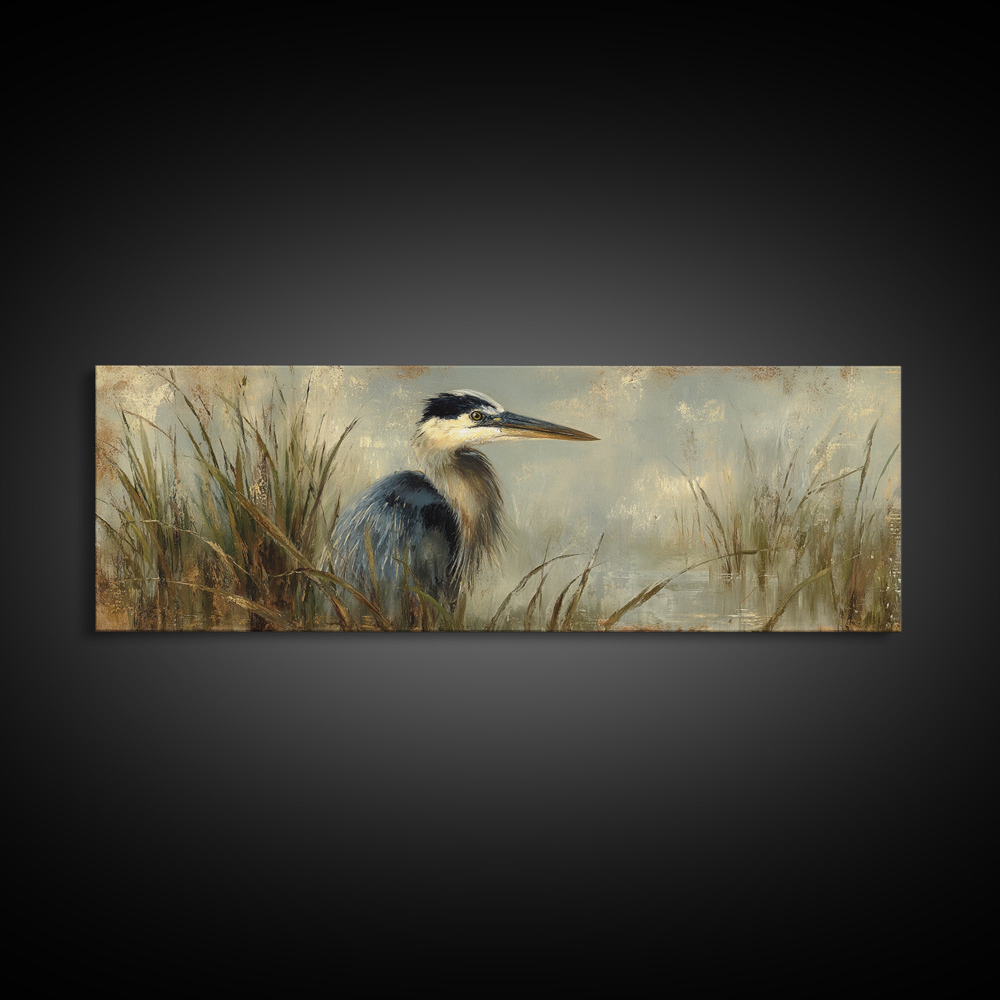 Blue Heron in Misty Marsh Grass Canvas Print, Bird Art, Boho Wall Decor, Living Room Decor, Fine Art, Flight, Nature Wall Art, BIR-3x1-66