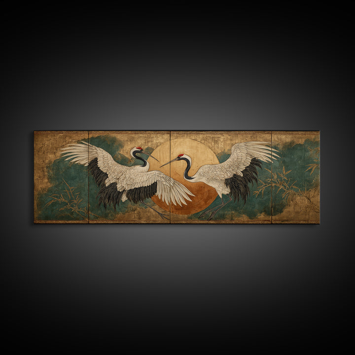 Pair of Cranes Dancing Framed Canvas Print, Bird Art, Digital Print, Living Room Decor, Abstract Art, Flight, Bird Prints, BIR-3x1-67