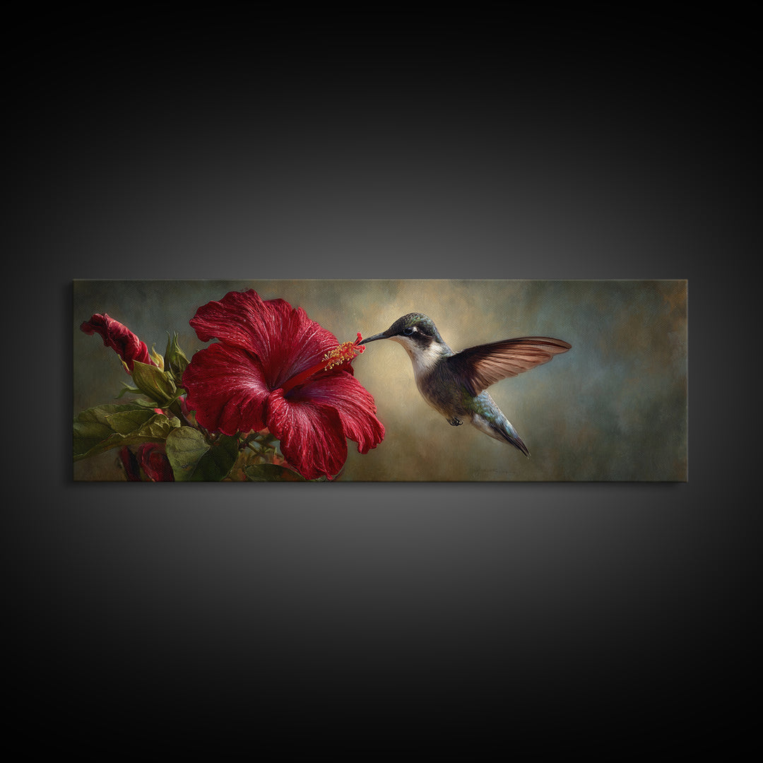 Hummingbird Hovering Beside Bright Hibiscus Framed Canvas Print, Bird Art, Living Room Decor, Watercolor Art, Flight, BIR-3x1-68