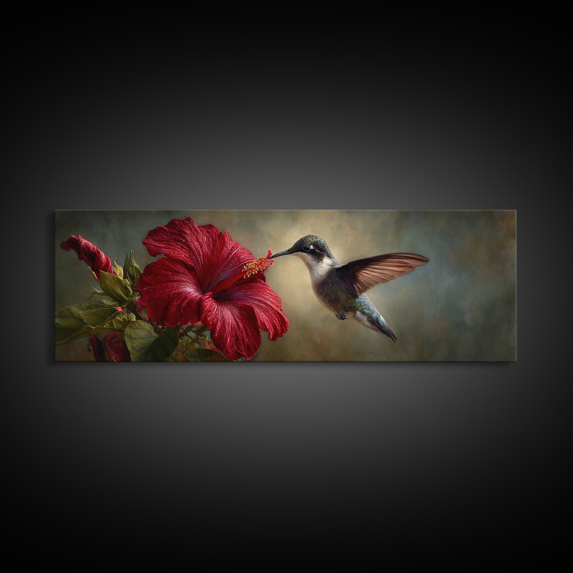 Hummingbird Hovering Beside Bright Hibiscus Framed Canvas Print, Bird Art, Living Room Decor, Watercolor Art, Flight, BIR-3x1-68