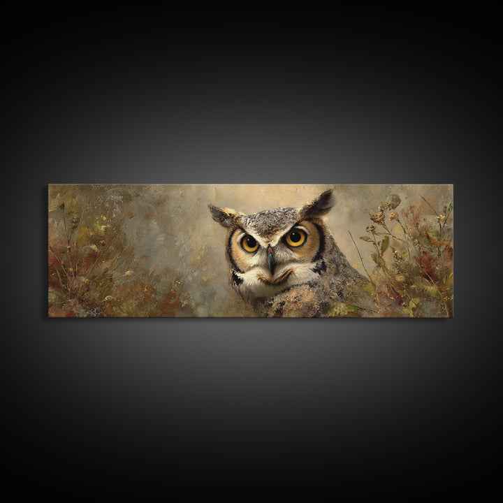 Owl Portrait with Wise Golden Eyes Framed Canvas Print, Bird Art, Living Room Art, Living Room Decor, Fine Art, Flight, BIR-3x1-69