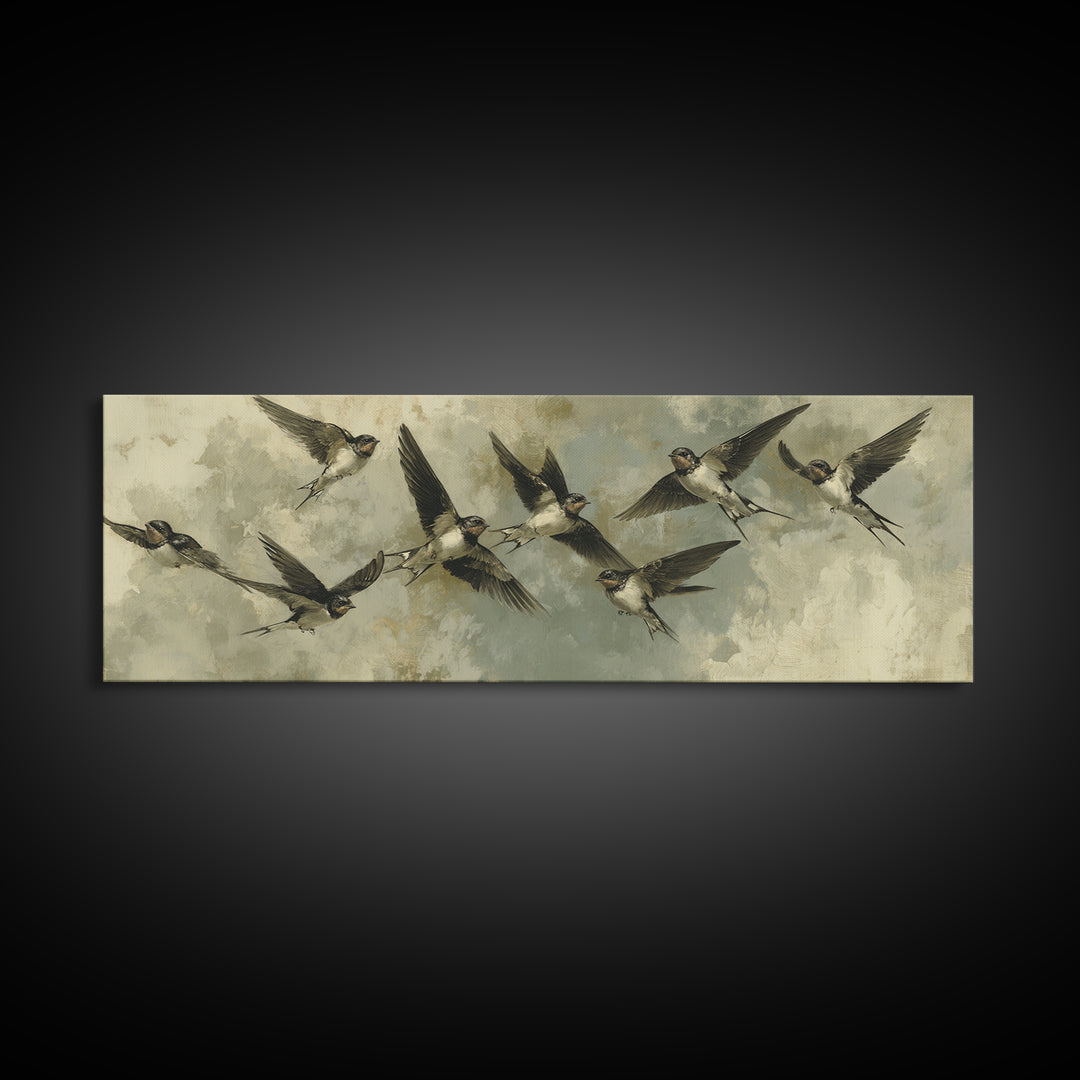 Flock of Swallows Sweeping Across Open Sky Canvas Print, Bird Art, Art Print, Living Room Decor, Oil Painting, Flight, BIR-3x1-70