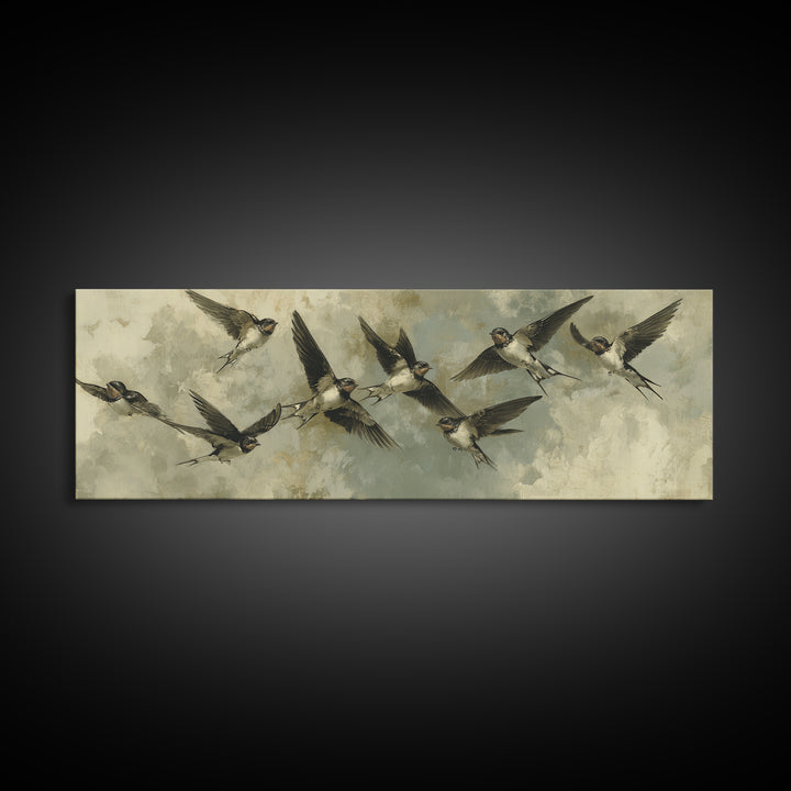 Flock of Swallows Sweeping Across Open Sky Canvas Print, Bird Art, Art Print, Living Room Decor, Oil Painting, Flight, BIR-3x1-70
