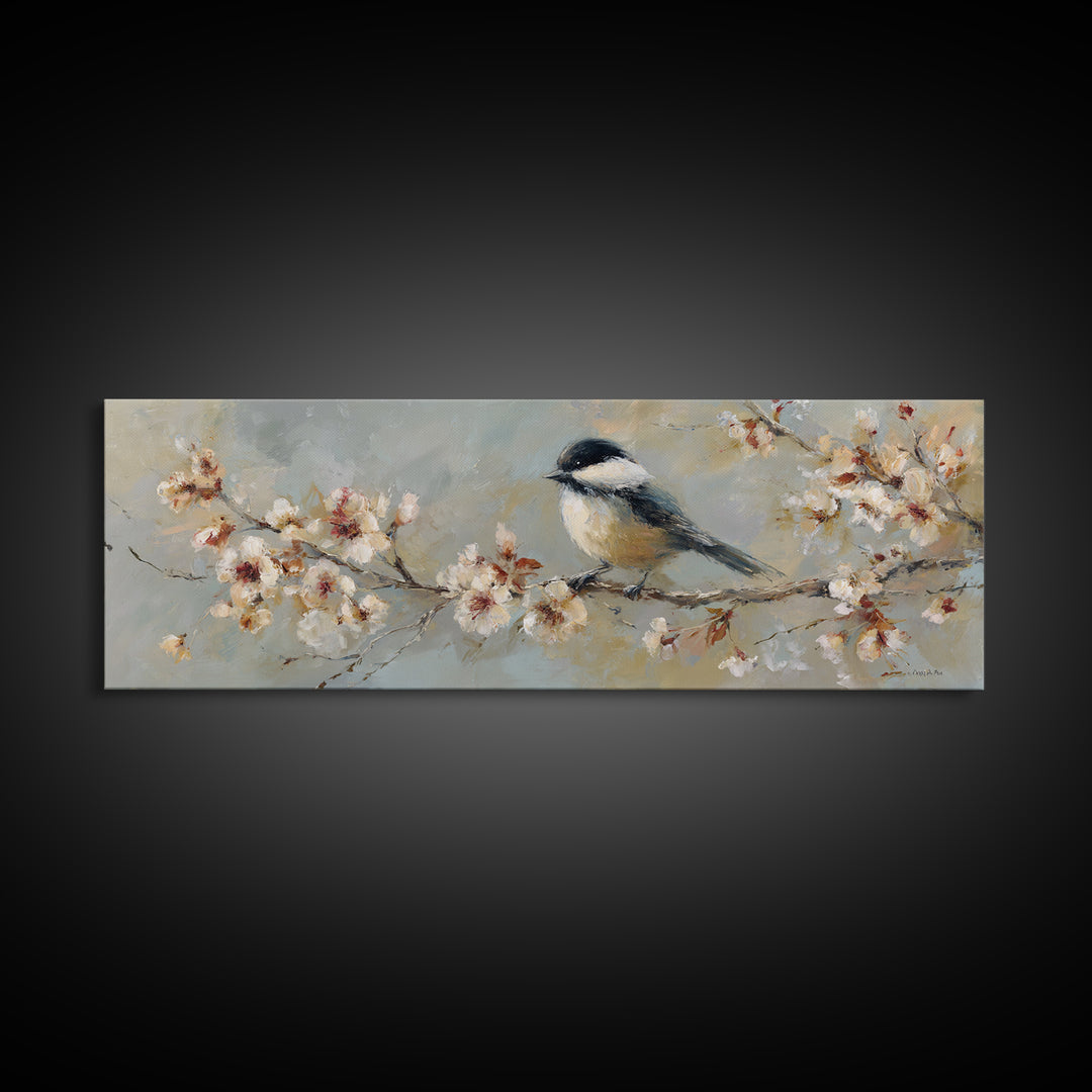 Songbird Perched on Cherry Blossoms Framed Canvas Print, Bird Art, Wall Art, Living Room Decor, Flight, Japanese Wall Art, BIR-3x1-72