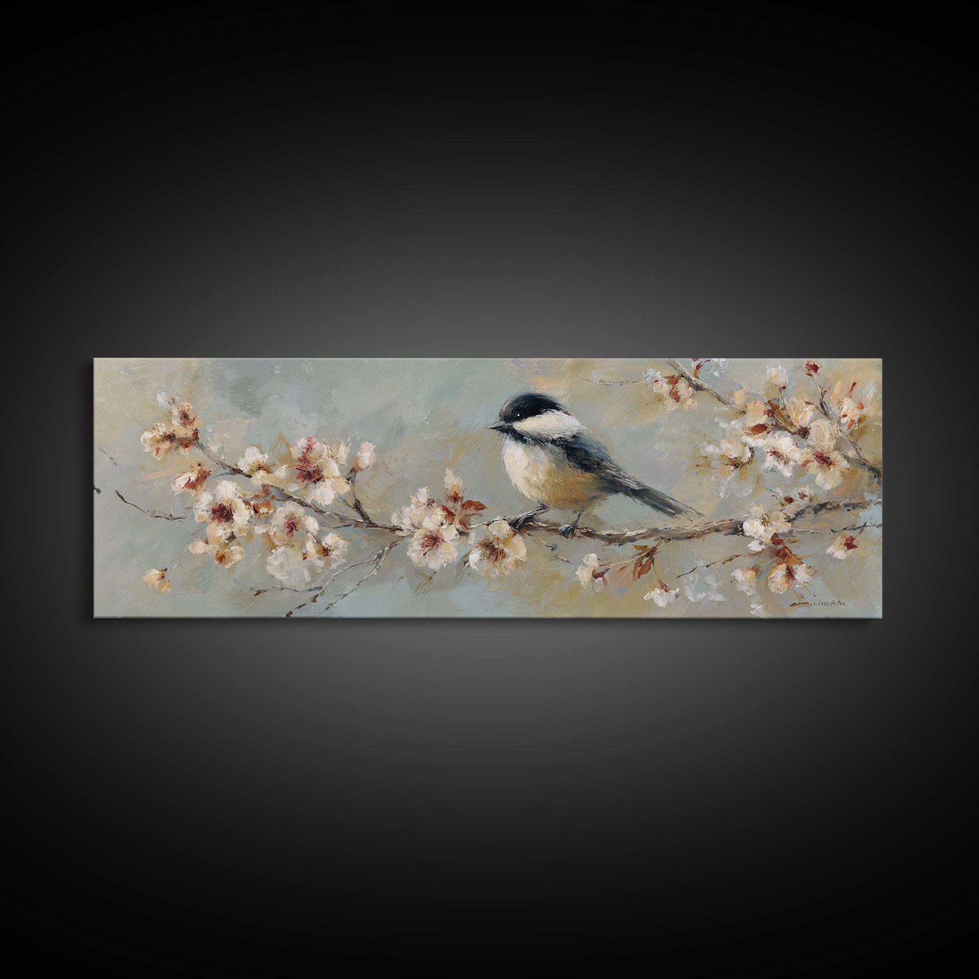 Songbird Perched on Cherry Blossoms Framed Canvas Print, Bird Art, Wall Art, Living Room Decor, Flight, Japanese Wall Art, BIR-3x1-72
