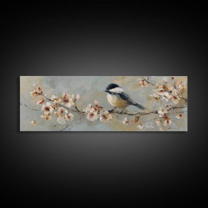 Songbird Perched on Cherry Blossoms Framed Canvas Print, Bird Art, Wall Art, Living Room Decor, Flight, Japanese Wall Art, BIR-3x1-72