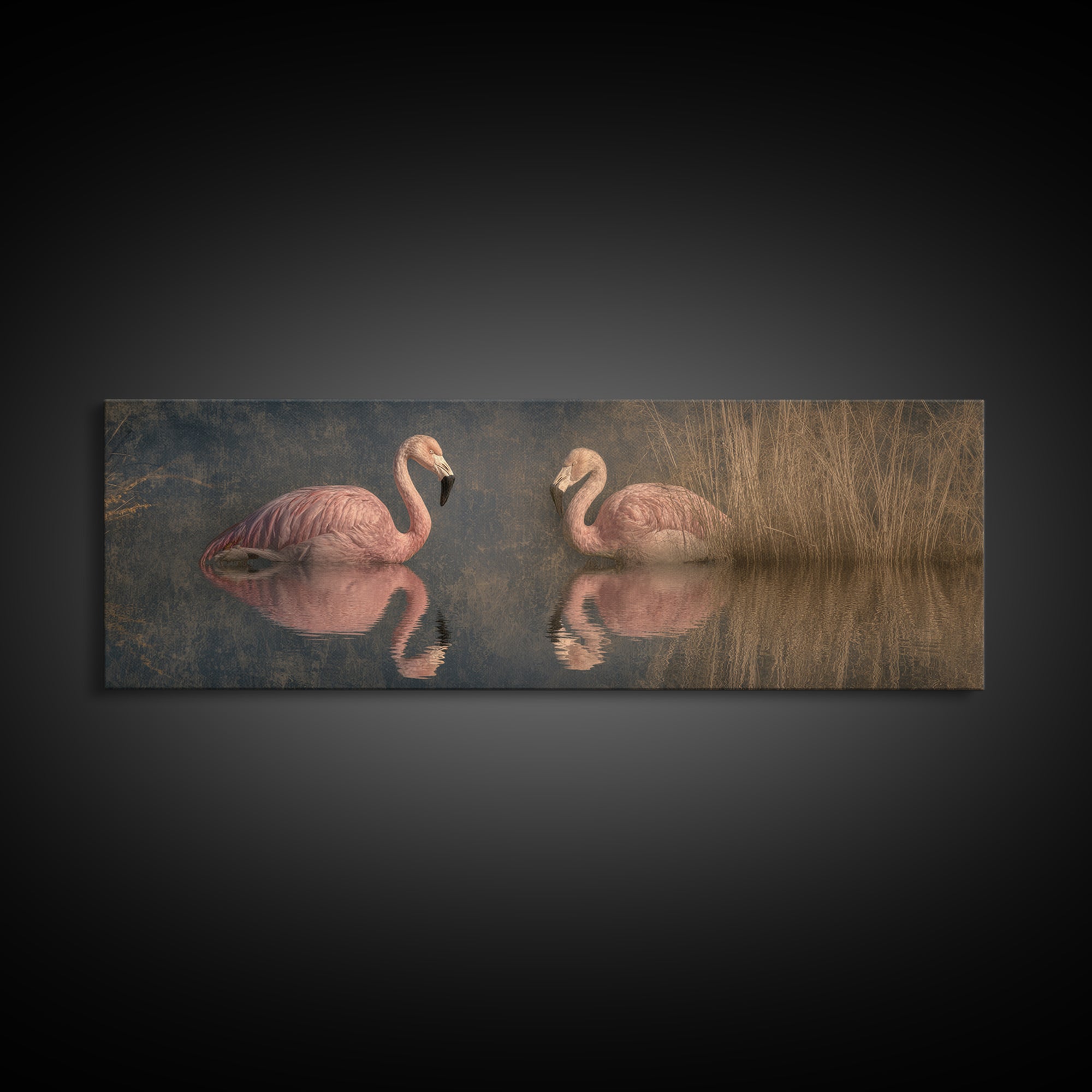 Flamingo Pair in Coral Water Reflections Framed Canvas Print, Bird Art, Modern Art, Living Room Decor, Oil Painting, Flight, BIR-3x1-74