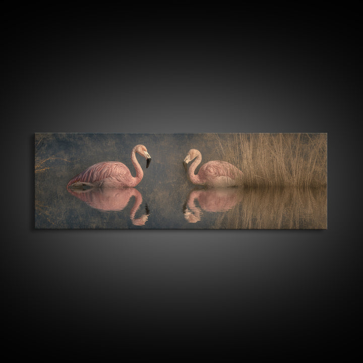 Flamingo Pair in Coral Water Reflections Framed Canvas Print, Bird Art, Modern Art, Living Room Decor, Oil Painting, Flight, BIR-3x1-74