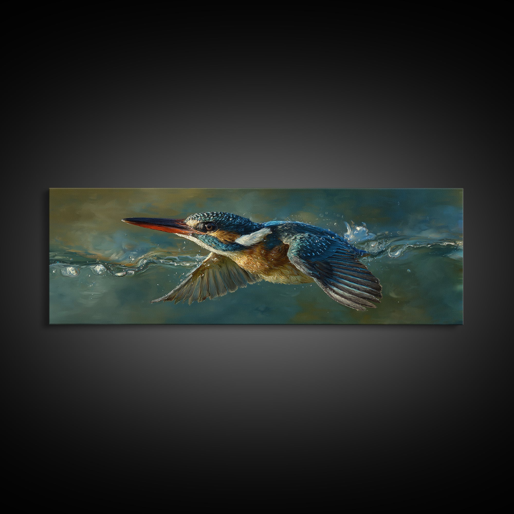 Kingfisher Diving Toward Blue Water Canvas Print, Bird Art, Farmhouse Decor, Living Room Decor, Flight, Digital Download Art, BIR-3x1-75