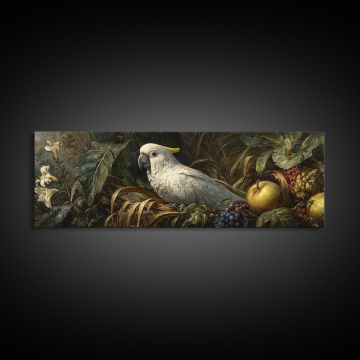 Parrot Among Tropical Leaves and Fruit Framed Canvas Print, Bird Art, Bird Prints, Living Room Decor, Fine Art, Flight, BIR-3x1-77