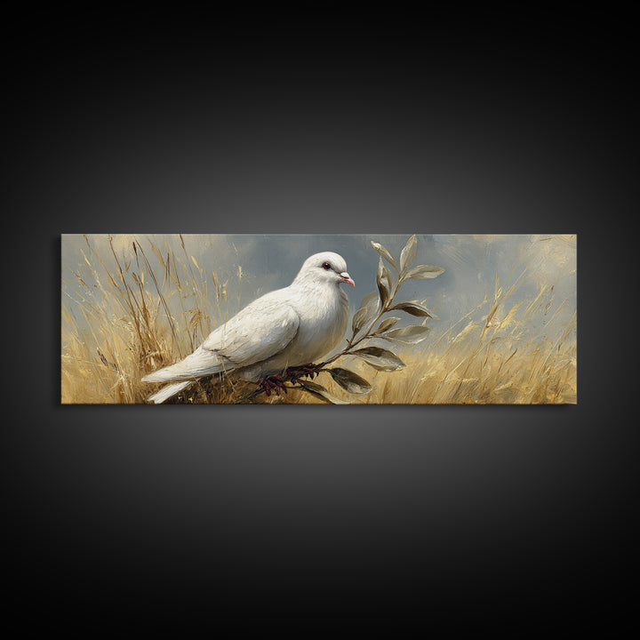 White Dove with Olive Branch and Calm Canvas Print, Bird Art, Nature Prints, Living Room Decor, Watercolor Art, Flight, BIR-3x1-8