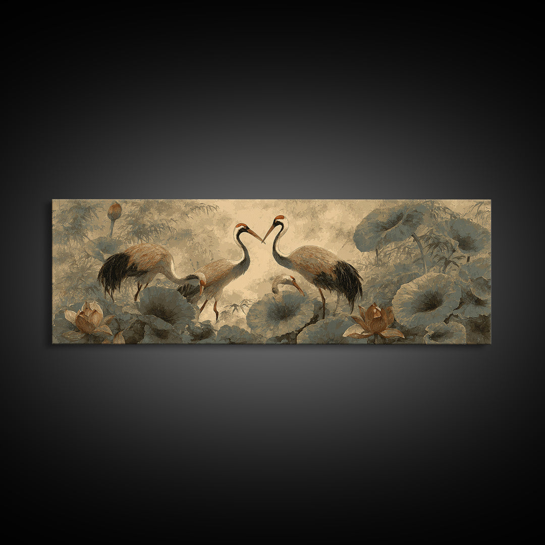 Crane and Lotus Composition Framed Canvas Print, Bird Art, Mid Century Wall Art, Living Room Decor, Fine Art, Flight, BIR-3x1-81