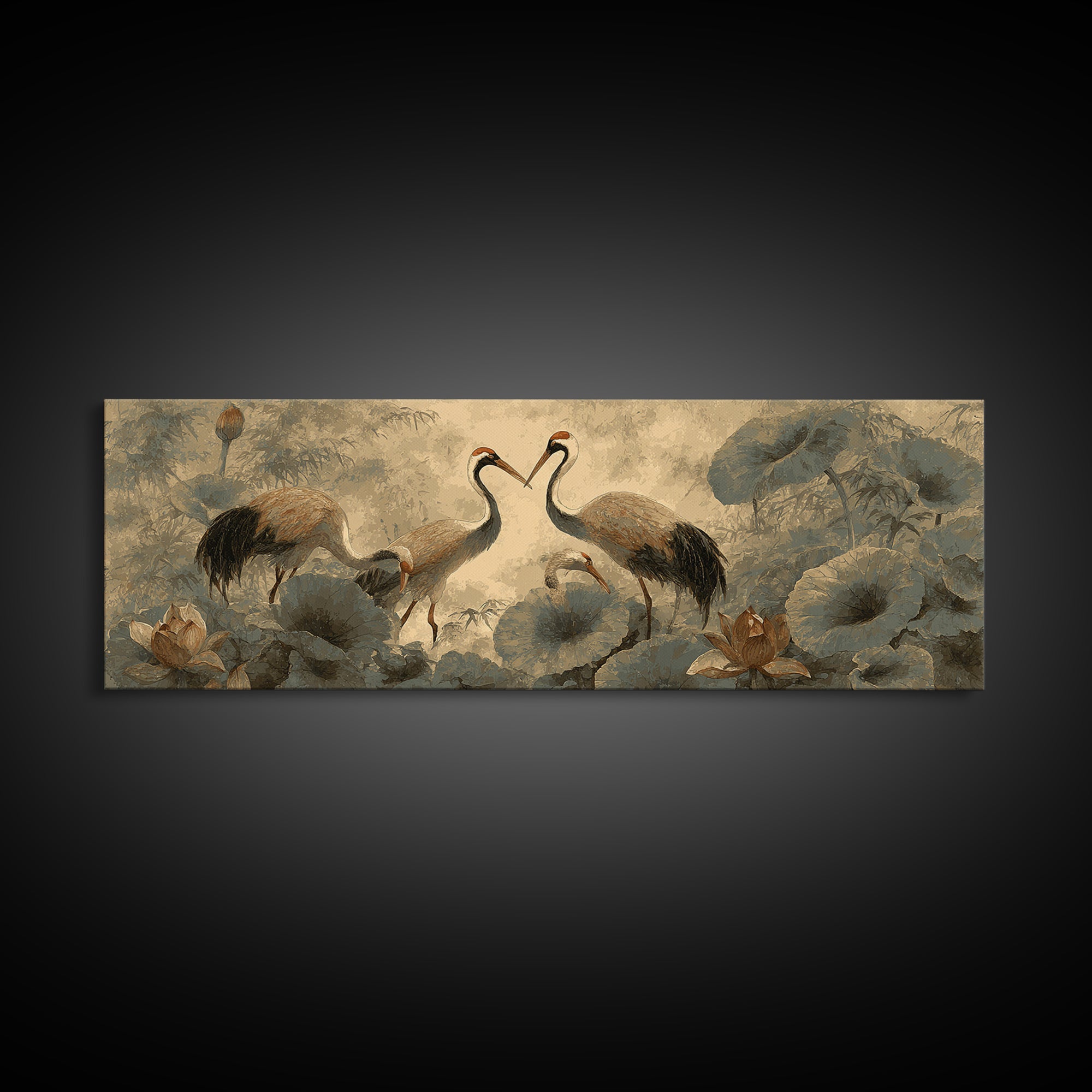 Crane and Lotus Composition Framed Canvas Print, Bird Art, Mid Century Wall Art, Living Room Decor, Fine Art, Flight, BIR-3x1-81