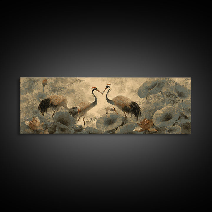 Crane and Lotus Composition Framed Canvas Print, Bird Art, Mid Century Wall Art, Living Room Decor, Fine Art, Flight, BIR-3x1-81