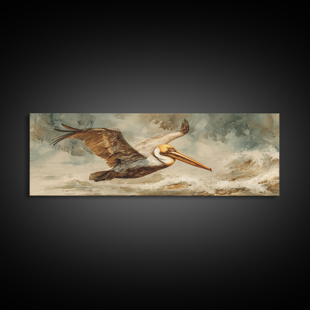 Pelican Flying over Coastal Waves Framed Canvas Print, Bird Art, Japanese Wall Art, Living Room Decor, Fine Art, Flight, BIR-3x1-82