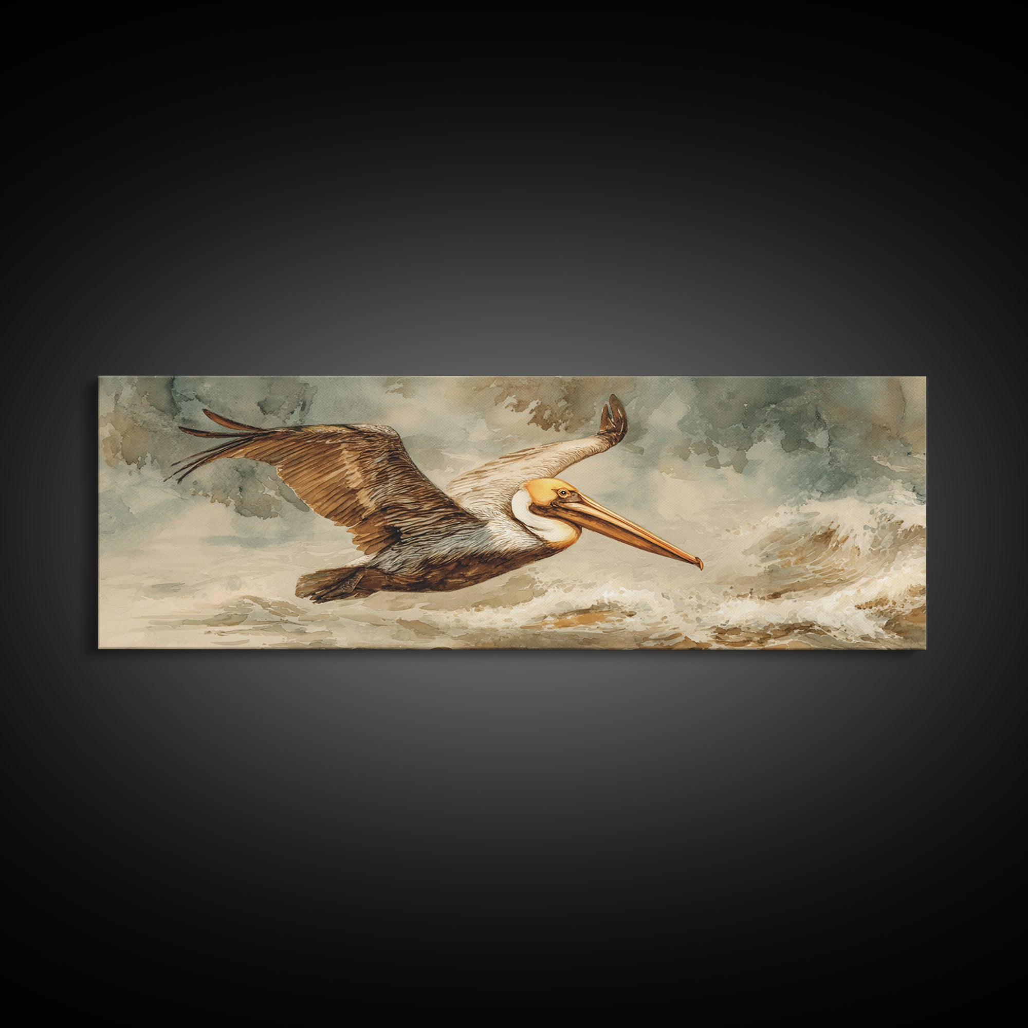 Pelican Flying over Coastal Waves Framed Canvas Print, Bird Art, Japanese Wall Art, Living Room Decor, Fine Art, Flight, BIR-3x1-82