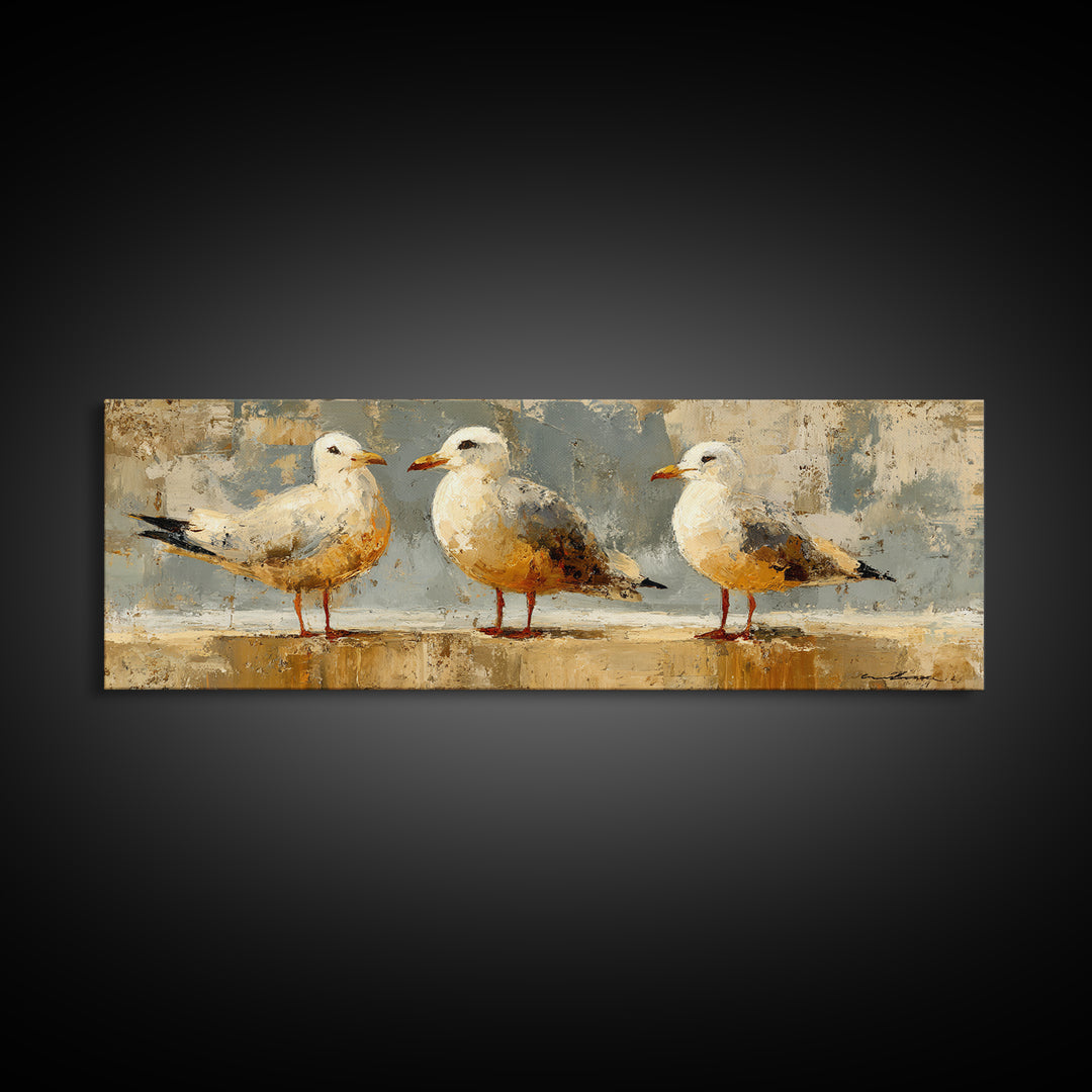 Seagulls Above a Pale Beach Horizon Framed Canvas Print, Bird Art, Digital Prints, Living Room Decor, Fine Art, Flight, BIR-3x1-84
