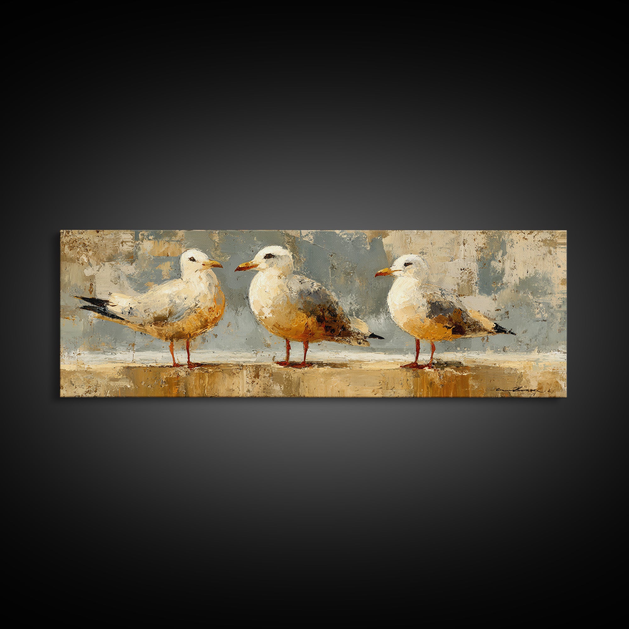 Seagulls Above a Pale Beach Horizon Framed Canvas Print, Bird Art, Digital Prints, Living Room Decor, Fine Art, Flight, BIR-3x1-84