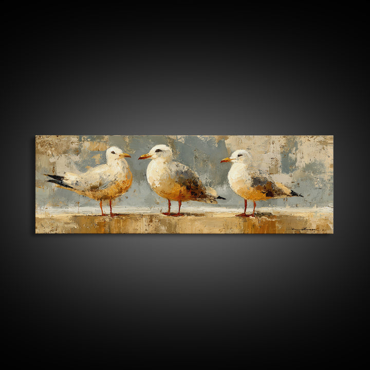Seagulls Above a Pale Beach Horizon Framed Canvas Print, Bird Art, Digital Prints, Living Room Decor, Fine Art, Flight, BIR-3x1-84