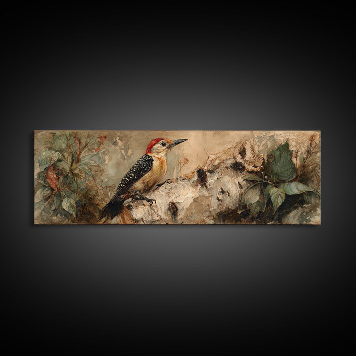 Woodpecker on Birch Bark Texture Canvas Print, Bird Art, Digital Download Art, Living Room Decor, Oil Painting, Flight, BIR-3x1-85