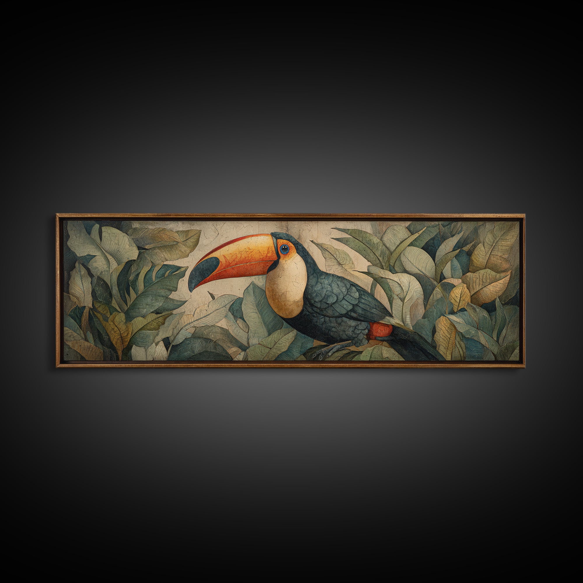 Toucan Framed by Bold Jungle Foliage Framed Canvas Print, Bird Art, Original Art, Living Room Decor, Fine Art, Flight, BIR-3x1-87