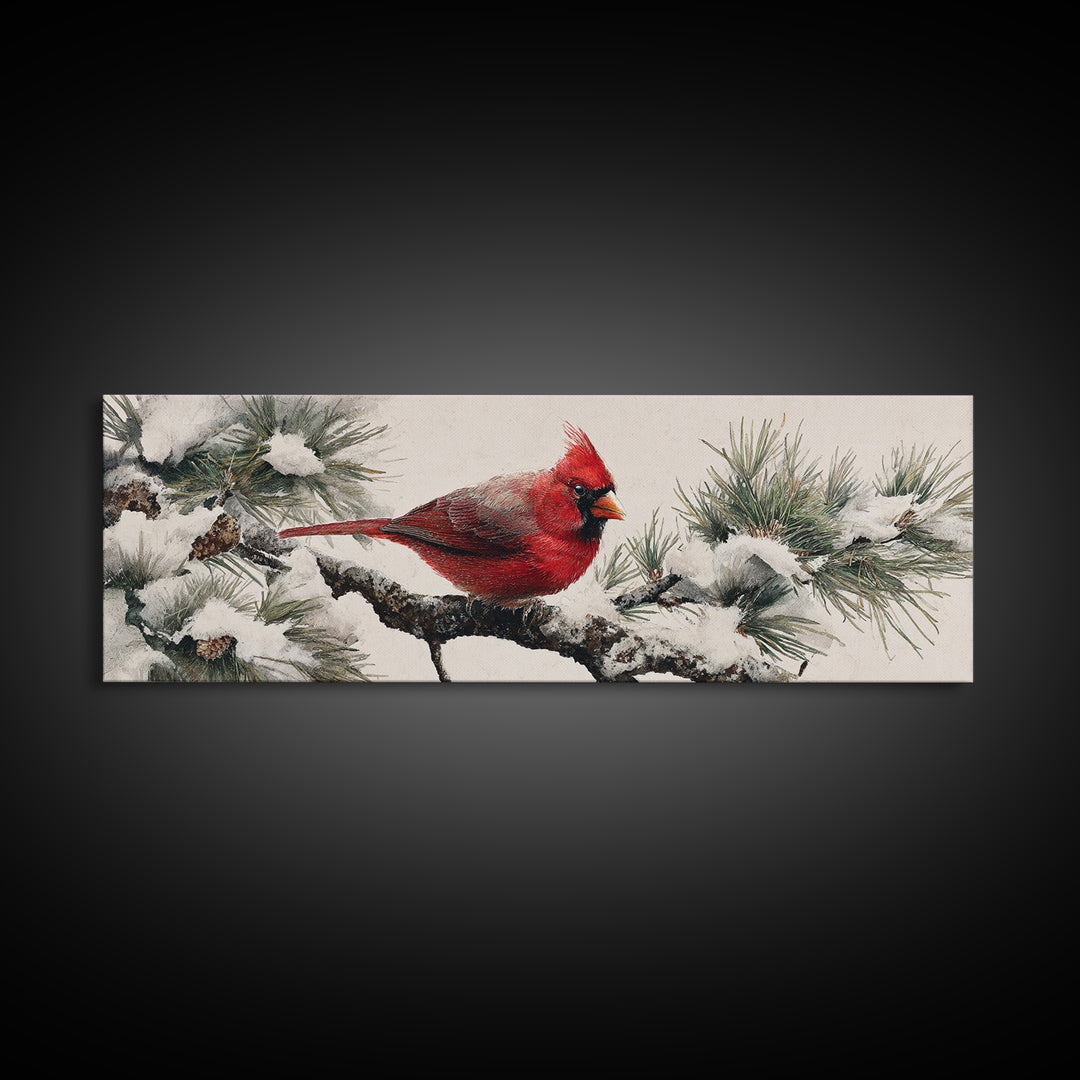 Red Cardinal on Snowy Pine Branch Framed Canvas Print, Bird Art, Floral Art, Living Room Decor, Fine Art, Flight, BIR-3x1-89