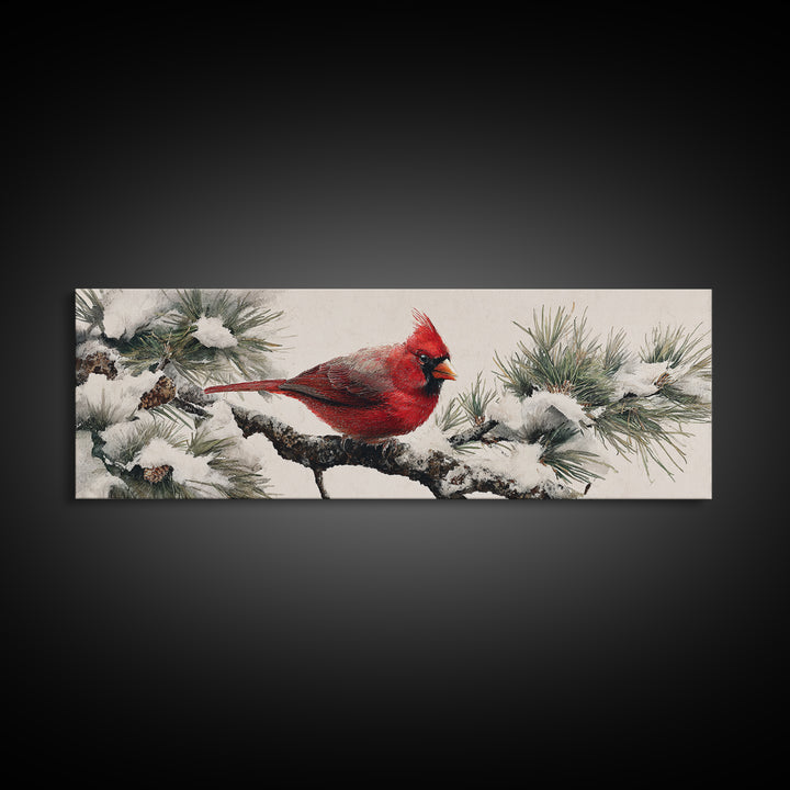 Red Cardinal on Snowy Pine Branch Framed Canvas Print, Bird Art, Floral Art, Living Room Decor, Fine Art, Flight, BIR-3x1-89