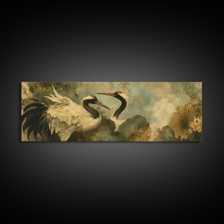 Crane and Lotus Composition Framed Canvas Print, Bird Art, Farmhouse Decor, Living Room Decor, Flight, Digital Download Art, BIR-3x1-9