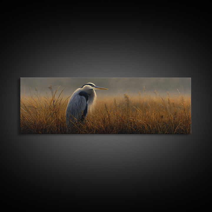 Blue Heron in Misty Marsh Grass Framed Canvas Print, Bird Art, Bird Prints, Living Room Decor, Fine Art, Flight, Modern Decor, BIR-3x1-90