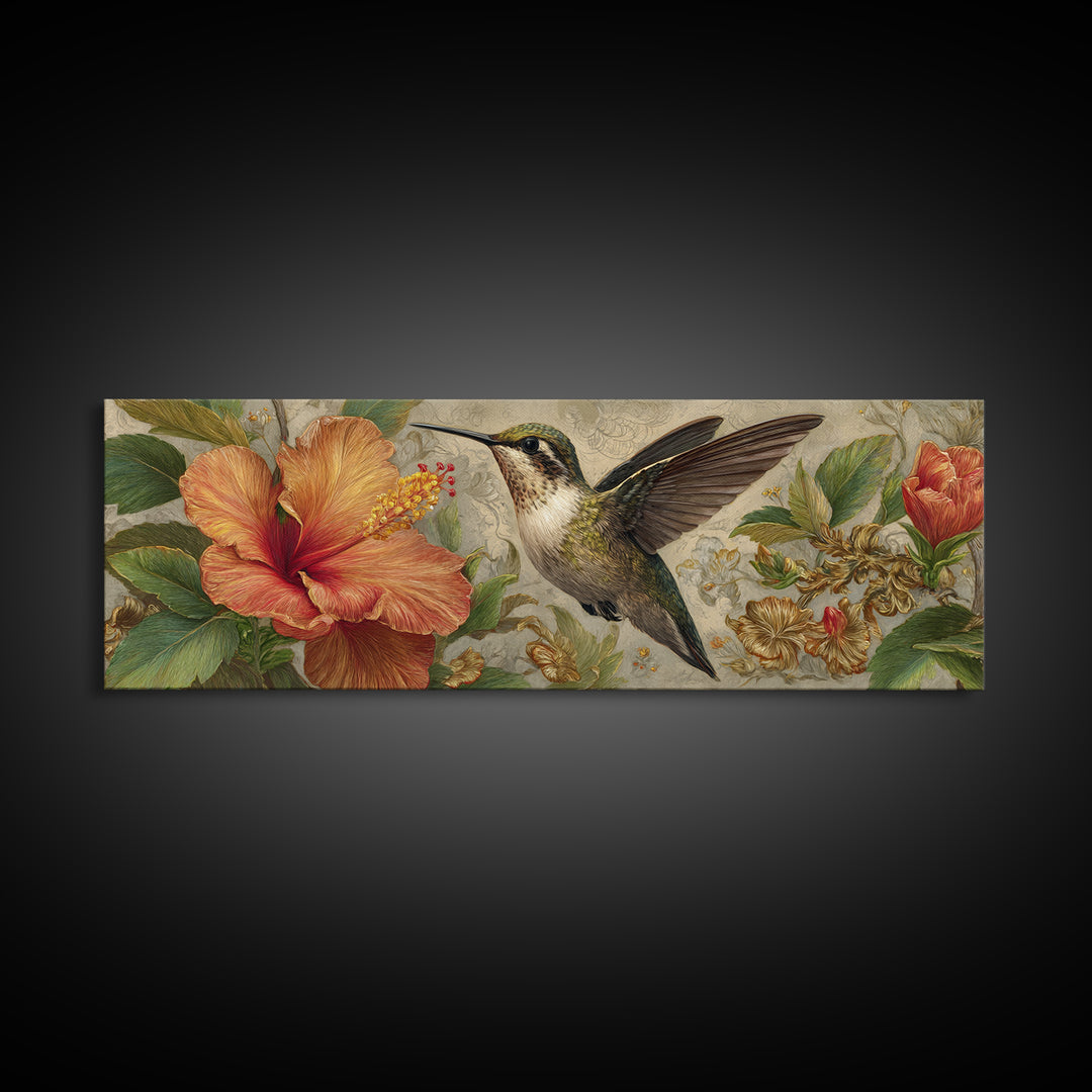 Hummingbird Hovering Beside Bright Hibiscus Canvas Print, Bird Art, Mid Century Modern, Living Room Decor, Oil Painting, Flight, BIR-3x1-92