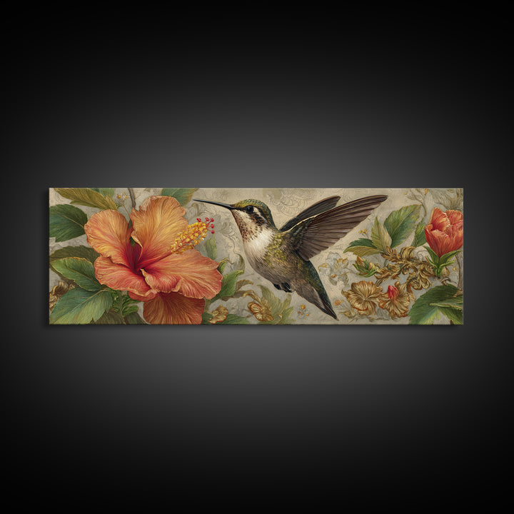 Hummingbird Hovering Beside Bright Hibiscus Canvas Print, Bird Art, Mid Century Modern, Living Room Decor, Oil Painting, Flight, BIR-3x1-92