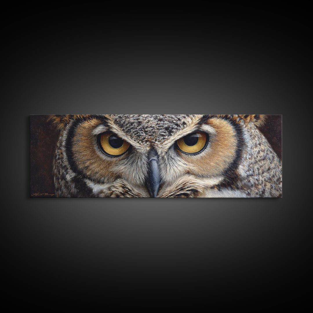 Owl Portrait with Wise Golden Eyes Canvas Print, Bird Art, Forest Wall Art, Living Room Decor, Flight, Minimalist Decor, BIR-3x1-93
