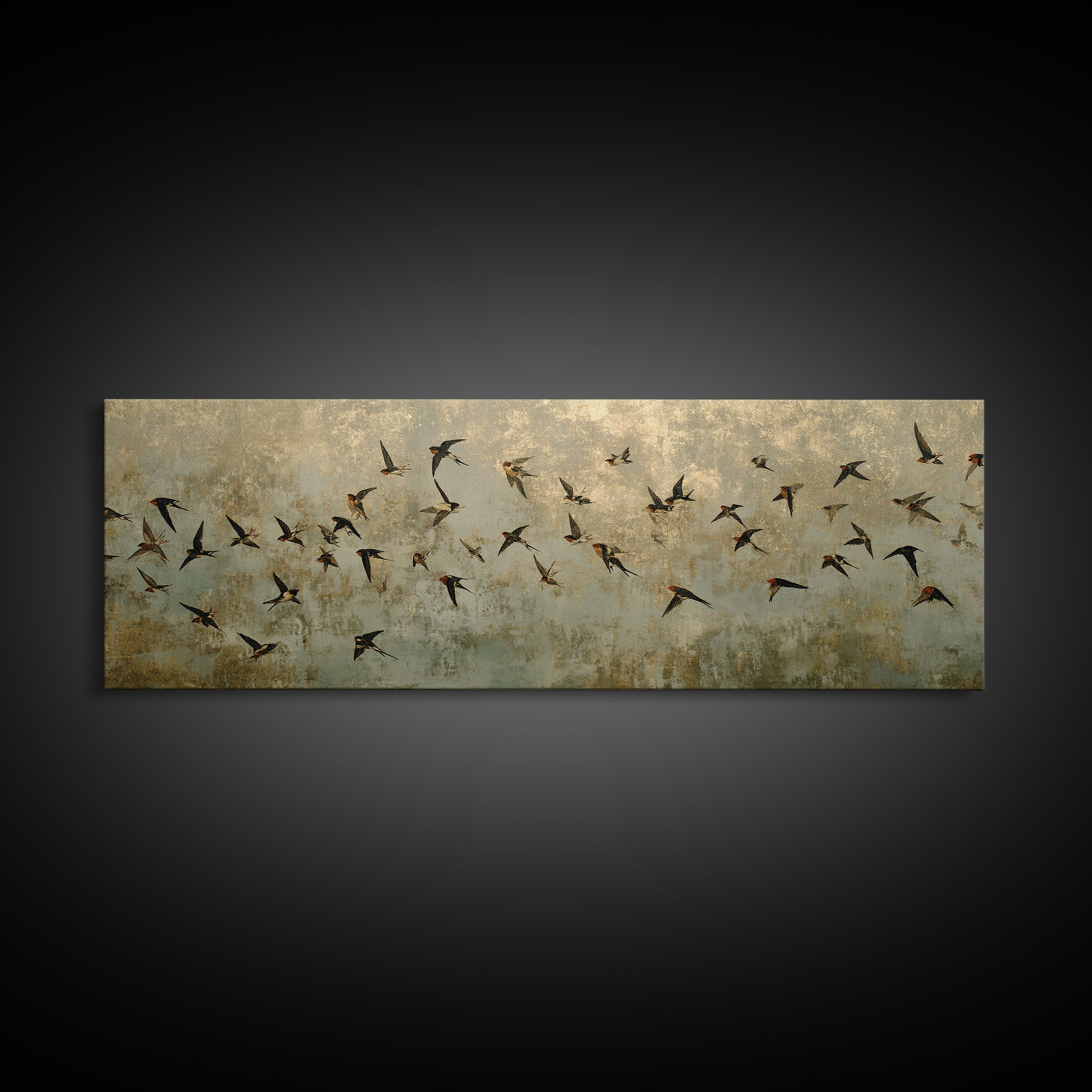 Flock of Swallows Sweeping Across Open Sky Canvas Print, Bird Art, Botanical Wall Art, Living Room Decor, Watercolor Art, BIR-3x1-94