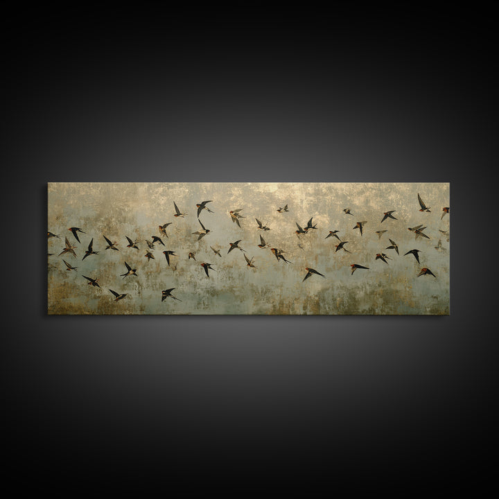 Flock of Swallows Sweeping Across Open Sky Canvas Print, Bird Art, Botanical Wall Art, Living Room Decor, Watercolor Art, BIR-3x1-94