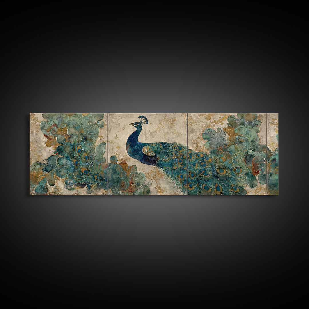 Peacock with Jewel Tone Feather Pattern Canvas Print, Bird Art, Textured Painting, Living Room Decor, Oil Painting, Flight, BIR-3x1-95