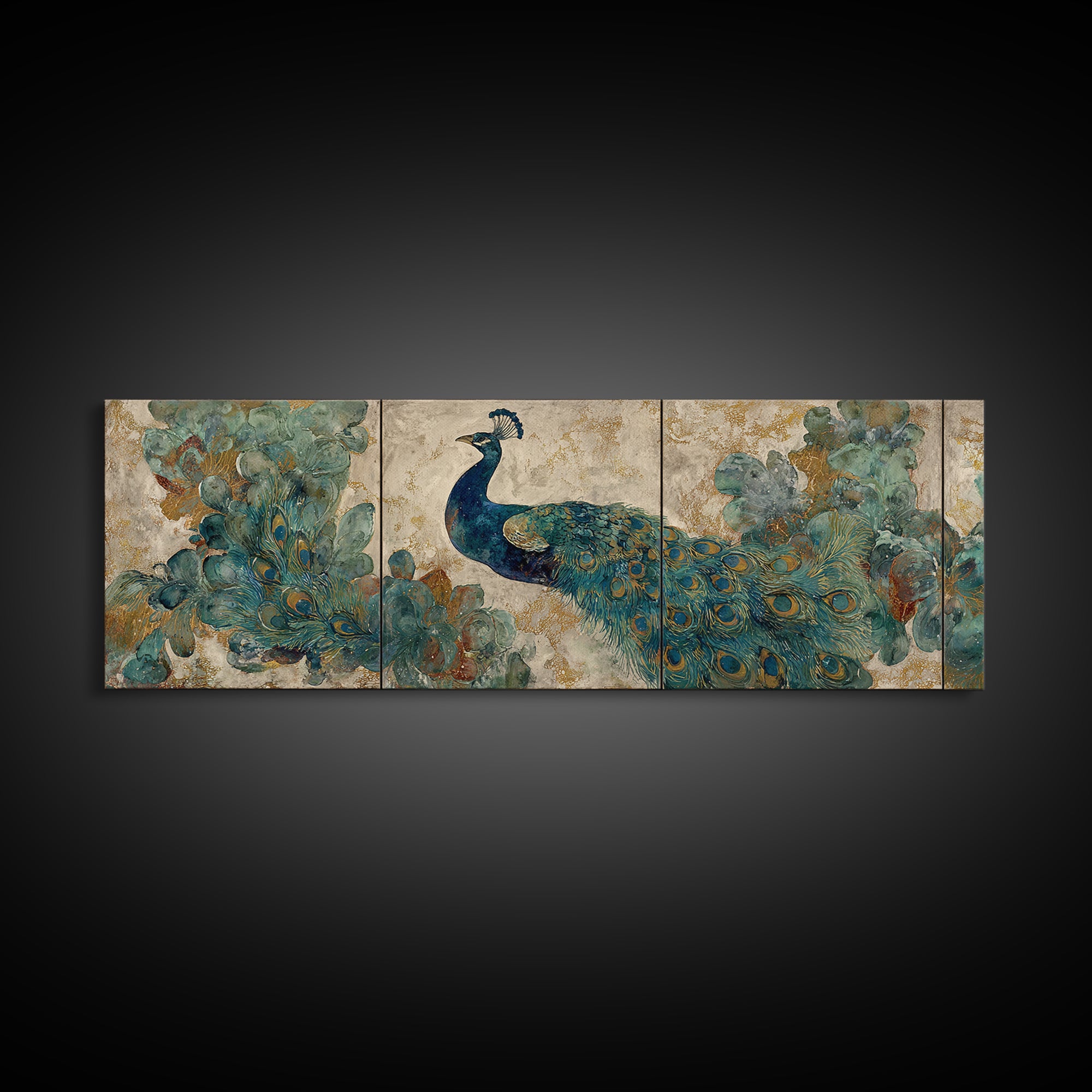 Peacock with Jewel Tone Feather Pattern Canvas Print, Bird Art, Textured Painting, Living Room Decor, Oil Painting, Flight, BIR-3x1-95