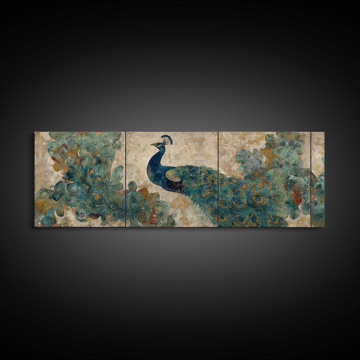 Peacock with Jewel Tone Feather Pattern Canvas Print, Bird Art, Textured Painting, Living Room Decor, Oil Painting, Flight, BIR-3x1-95
