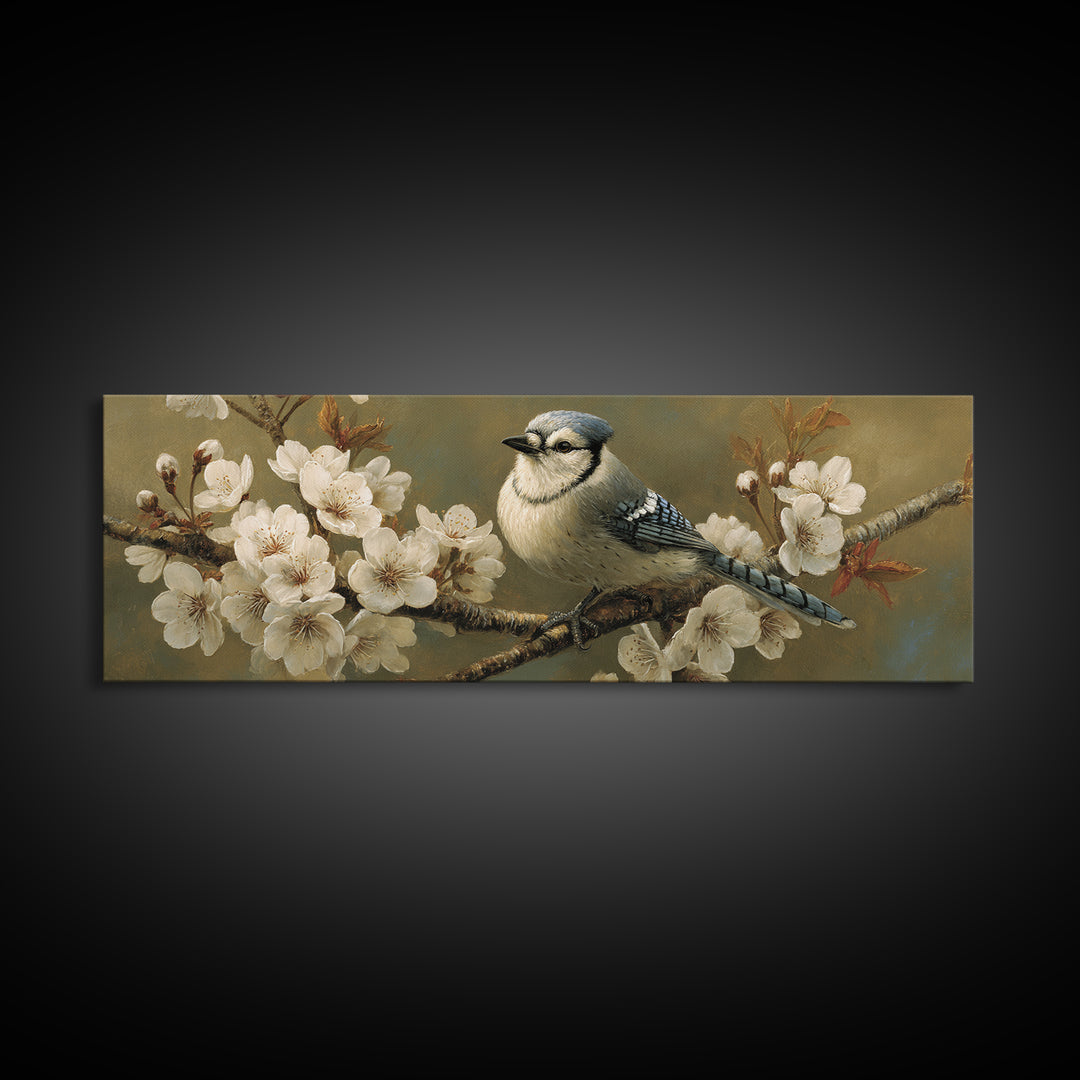 Songbird Perched on Cherry Blossoms Canvas Print, Bird Art, Neutral Decor, Living Room Decor, Fine Art, Flight, Wall Art, BIR-3x1-96