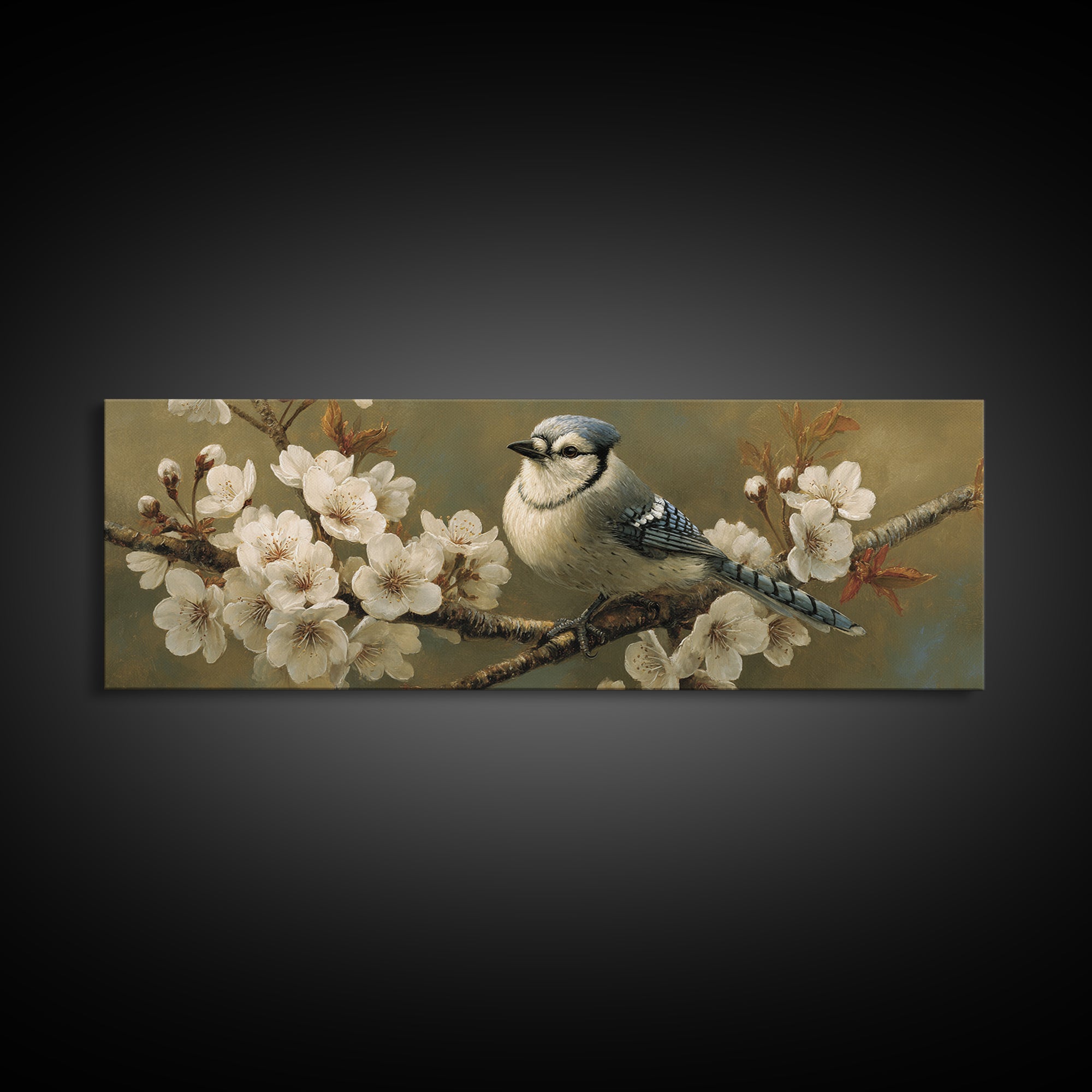 Songbird Perched on Cherry Blossoms Canvas Print, Bird Art, Neutral Decor, Living Room Decor, Fine Art, Flight, Wall Art, BIR-3x1-96