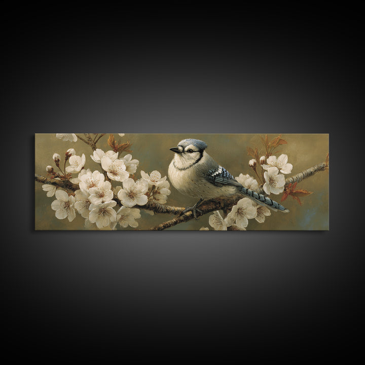 Songbird Perched on Cherry Blossoms Canvas Print, Bird Art, Neutral Decor, Living Room Decor, Fine Art, Flight, Wall Art, BIR-3x1-96